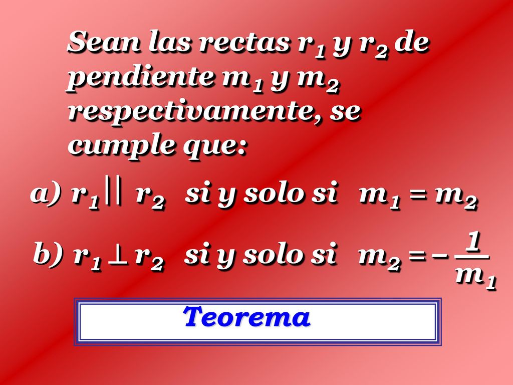 Sean las rectas r1 y r2 de pendiente m1 y m2 respectivamente, se cumple que: