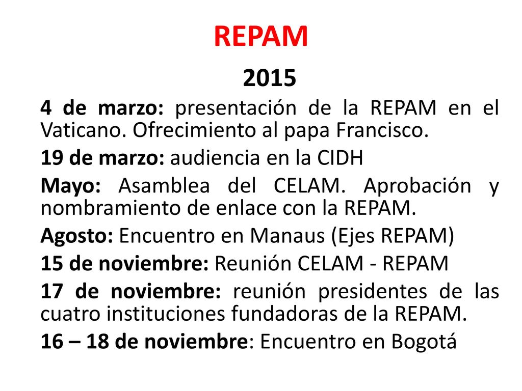 REPAM de marzo: presentación de la REPAM en el Vaticano. Ofrecimiento al papa Francisco. 19 de marzo: audiencia en la CIDH.