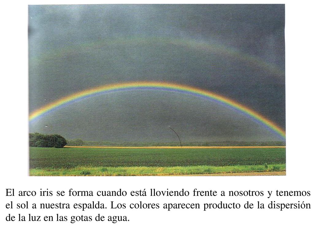 El arco iris se forma cuando está lloviendo frente a nosotros y tenemos el sol a nuestra espalda.