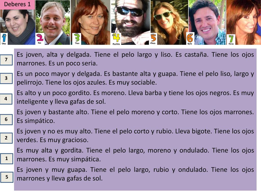 Deberes 1 Es joven, alta y delgada. Tiene el pelo largo y liso. Es castaña. Tiene los ojos marrones. Es un poco seria.