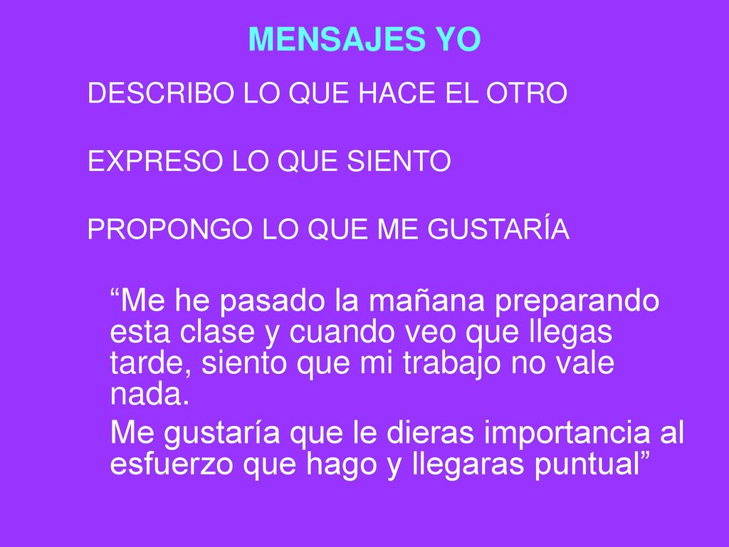 MENSAJES YO DESCRIBO LO QUE HACE EL OTRO. EXPRESO LO QUE SIENTO. PROPONGO LO QUE ME GUSTARÍA.