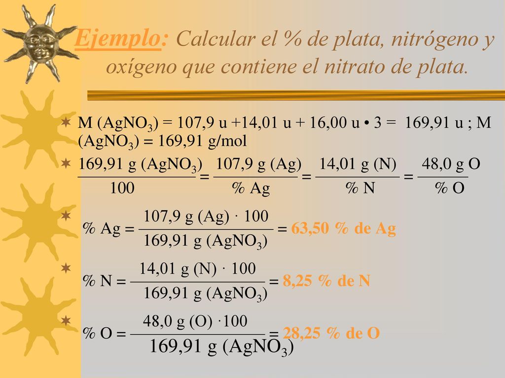 Ejemplo: Calcular el % de plata, nitrógeno y oxígeno que contiene el nitrato de plata.