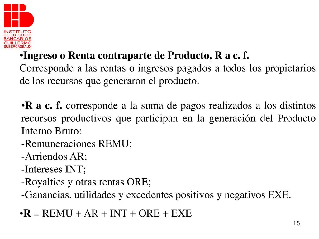 Ingreso o Renta contraparte de Producto, R a c. f.