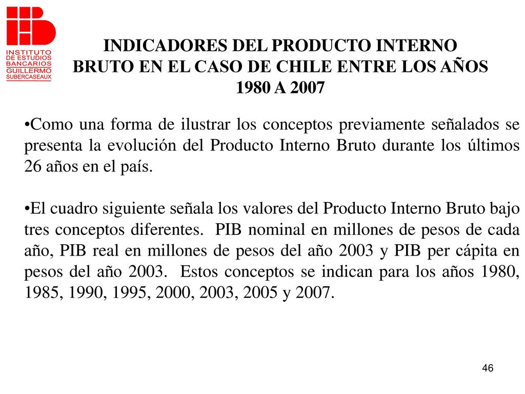 INDICADORES DEL PRODUCTO INTERNO BRUTO EN EL CASO DE CHILE ENTRE LOS AÑOS 1980 A 2007