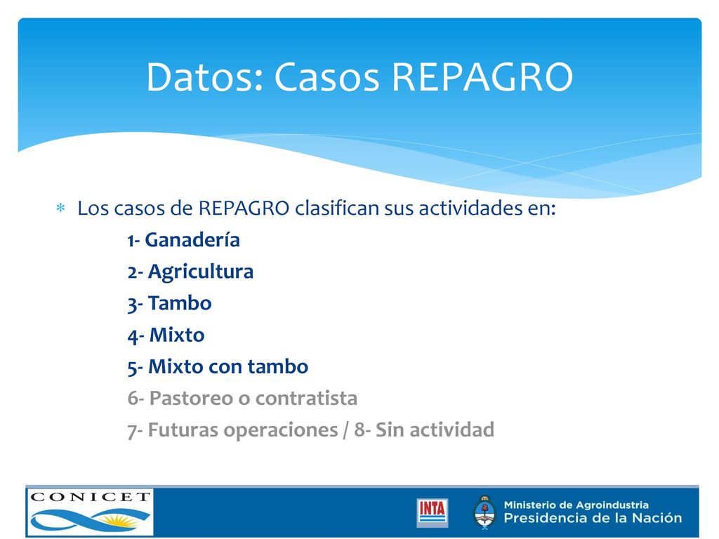 Datos: Casos REPAGRO Los casos de REPAGRO clasifican sus actividades en: 1- Ganadería. 2- Agricultura.
