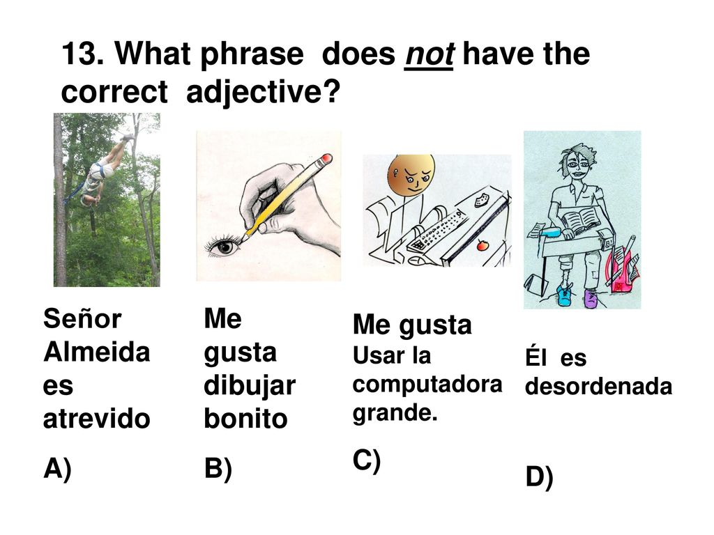13. What phrase does not have the correct adjective