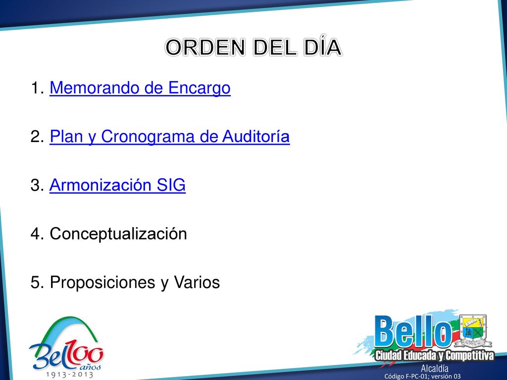 ORDEN DEL DÍA Memorando de Encargo Plan y Cronograma de Auditoría