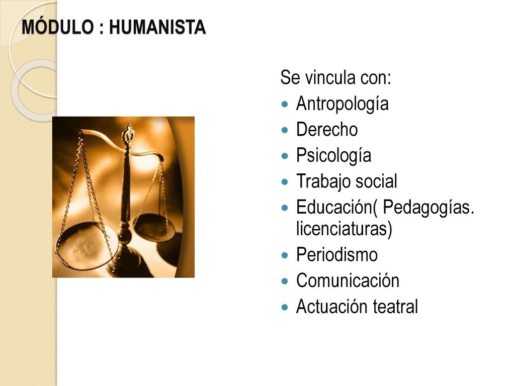 MÓDULO : HUMANISTA Se vincula con: Antropología. Derecho. Psicología. Trabajo social. Educación( Pedagogías. licenciaturas)