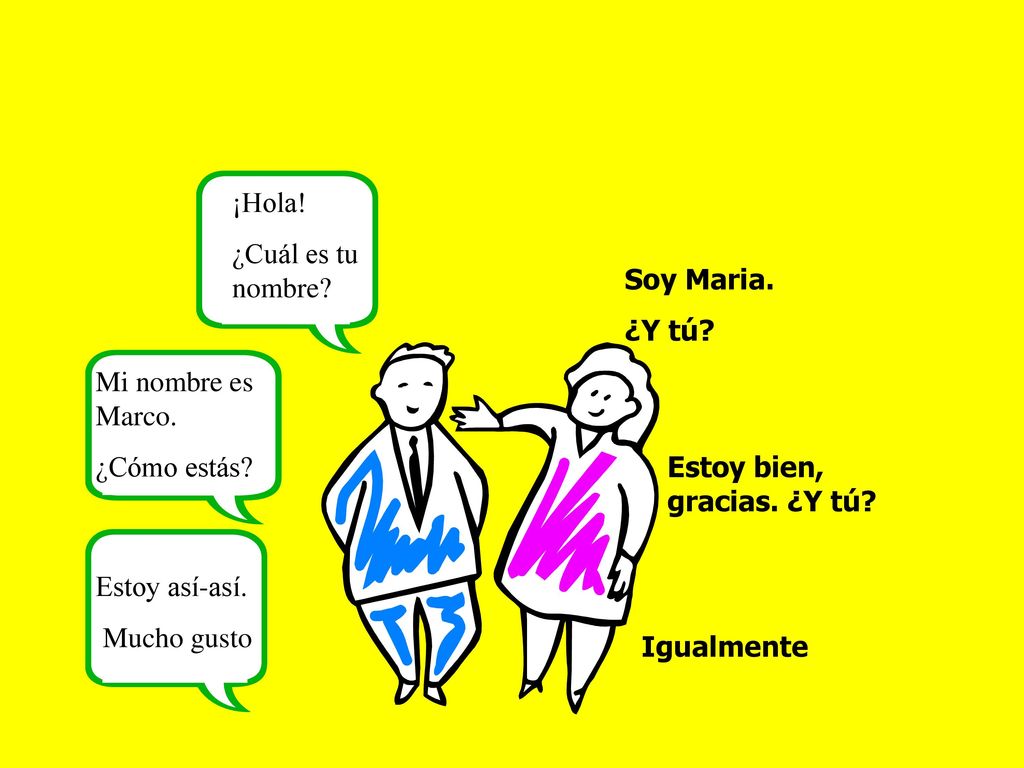 ¡Hola! ¿Cuál es tu nombre Soy Maria. ¿Y tú Mi nombre es Marco. ¿Cómo estás Estoy bien, gracias. ¿Y tú