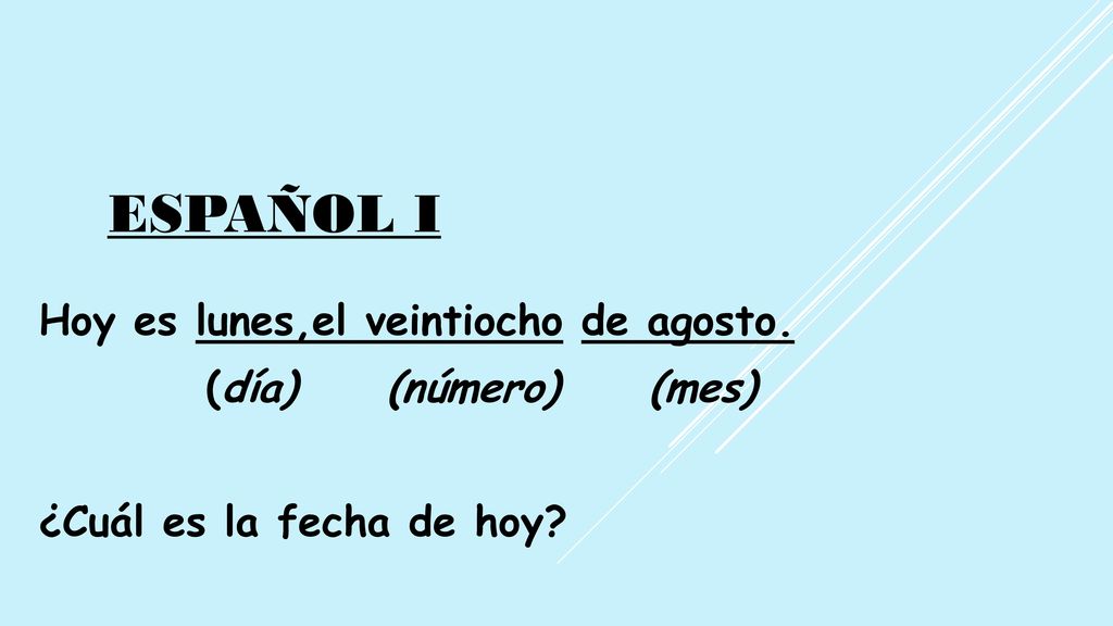 ESPAÑOL i Hoy es lunes,el veintiocho de agosto. (día) (número) (mes)