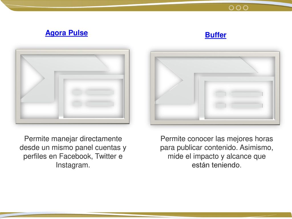 Agora Pulse Buffer. Permite manejar directamente desde un mismo panel cuentas y perfiles en Facebook, Twitter e Instagram.