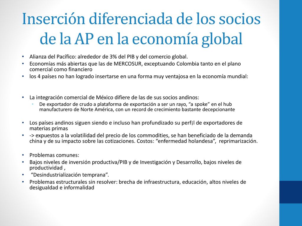 Inserción diferenciada de los socios de la AP en la economía global