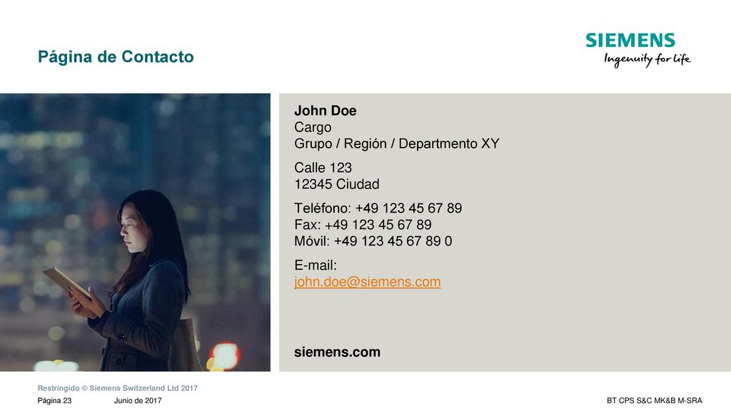 Página de Contacto John Doe Cargo Grupo / Región / Departmento XY