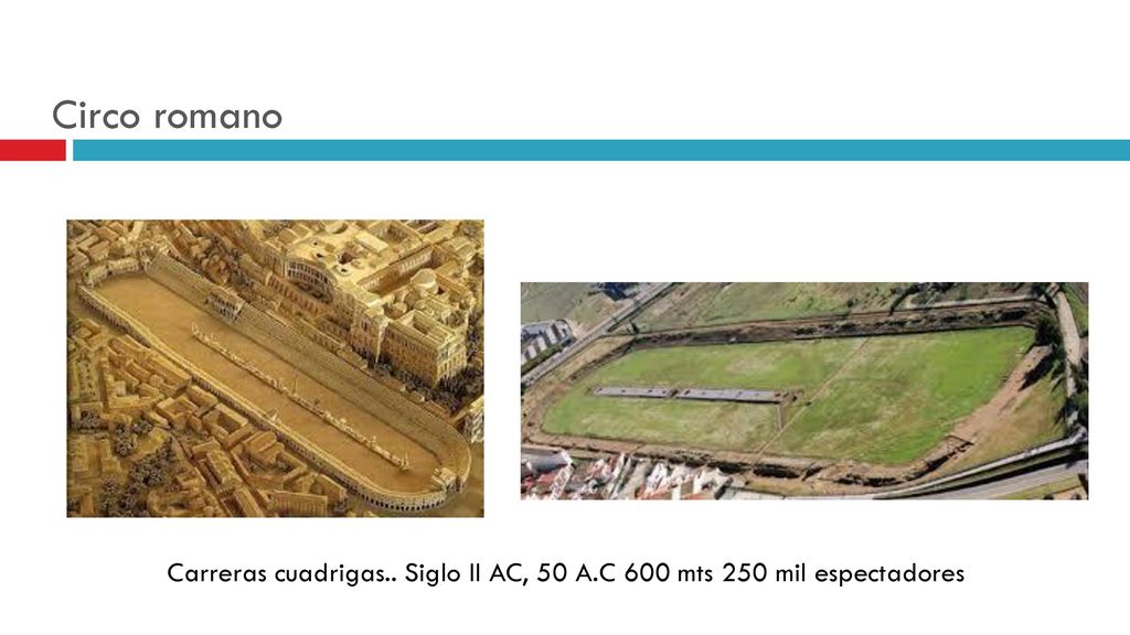 Circo romano Carreras cuadrigas.. Siglo II AC, 50 A.C 600 mts 250 mil espectadores