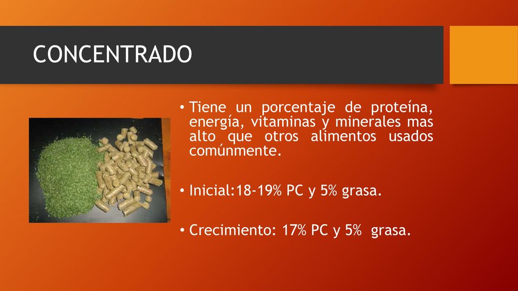 CONCENTRADO Tiene un porcentaje de proteína, energía, vitaminas y minerales mas alto que otros alimentos usados comúnmente.