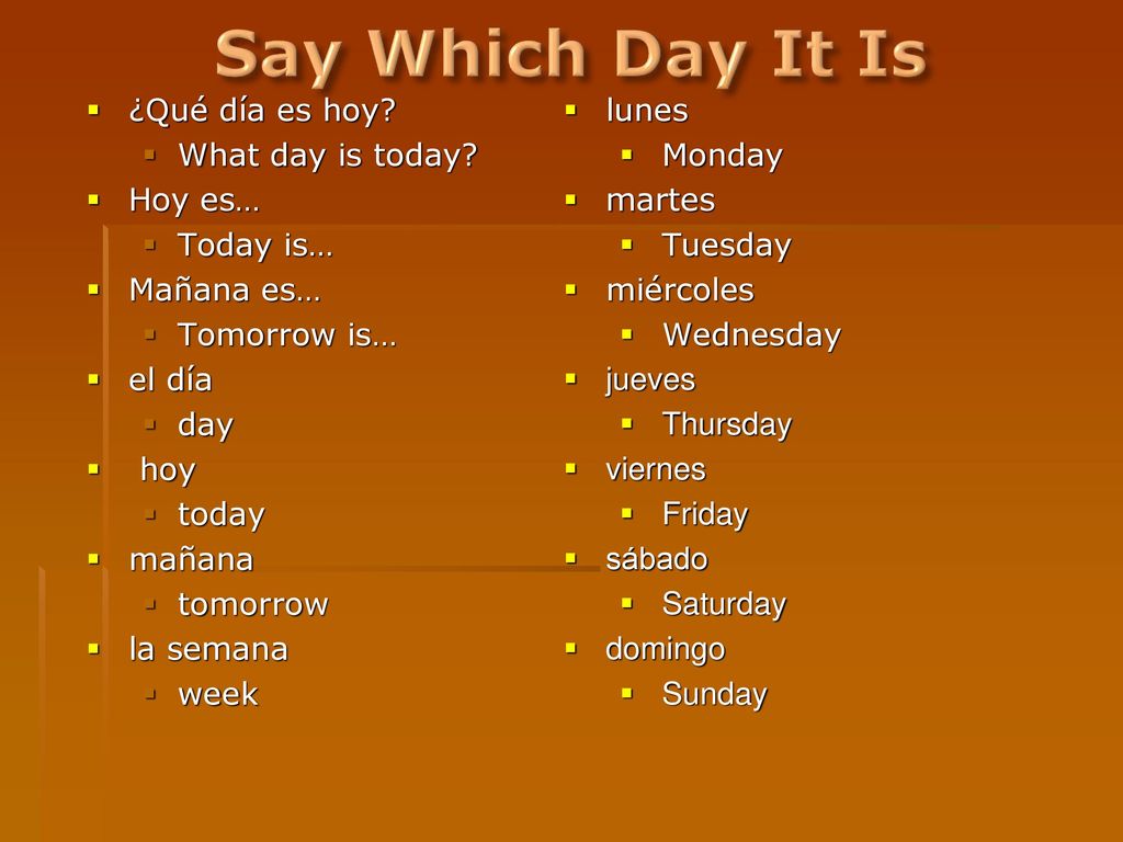 Say Which Day It Is ¿Qué día es hoy What day is today Hoy es…