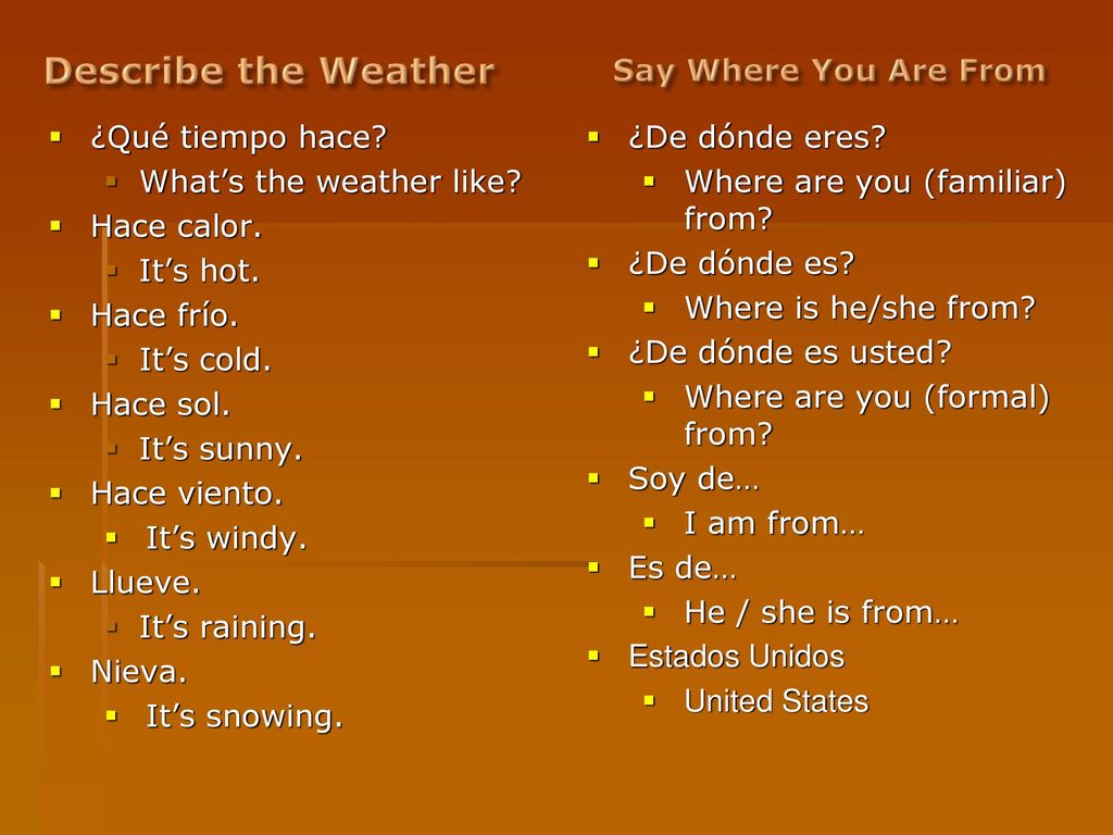 Describe the Weather Say Where You Are From ¿Qué tiempo hace