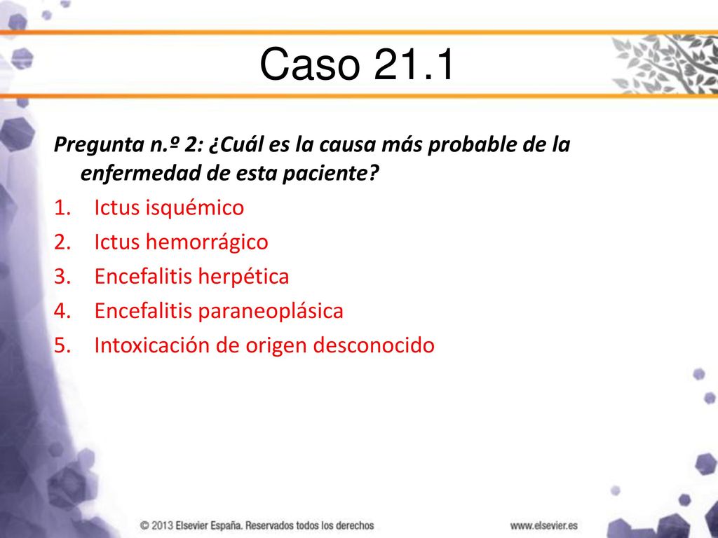 Caso 21.1 Pregunta n.º 2: ¿Cuál es la causa más probable de la enfermedad de esta paciente Ictus isquémico.