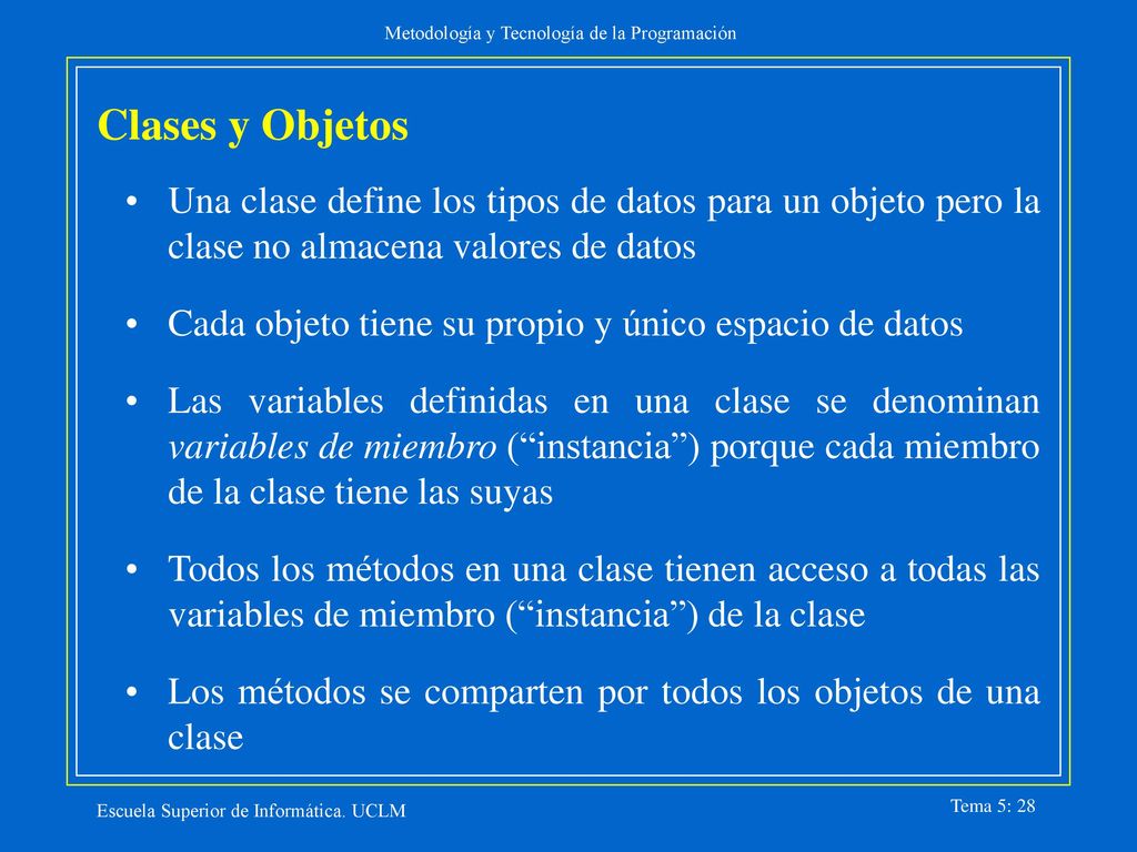 Clases y Objetos Una clase define los tipos de datos para un objeto pero la clase no almacena valores de datos.