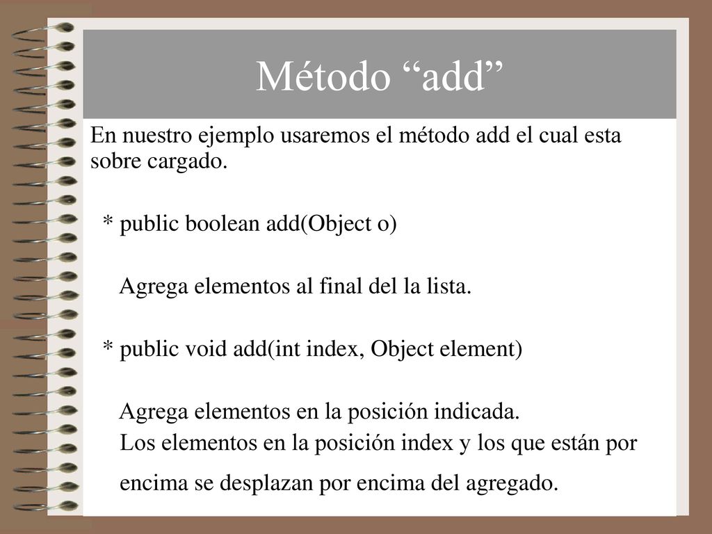 Método add En nuestro ejemplo usaremos el método add el cual esta sobre cargado. * public boolean add(Object o)
