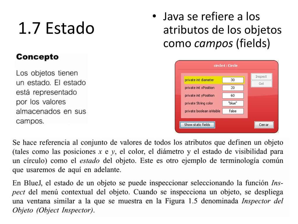 1.7 Estado Java se refiere a los atributos de los objetos como campos (fields)