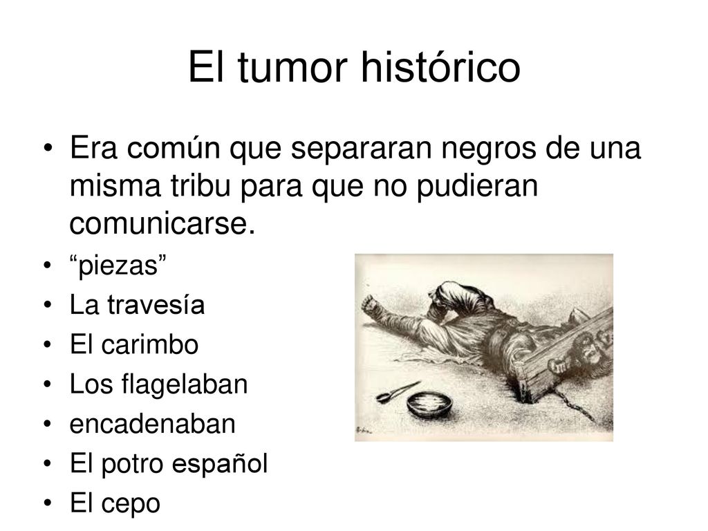 El tumor histórico Era común que separaran negros de una misma tribu para que no pudieran comunicarse.