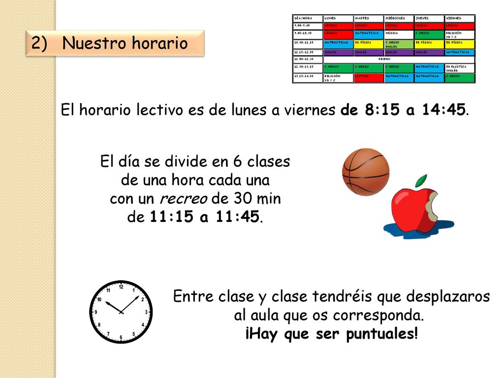 2) Nuestro horario El horario lectivo es de lunes a viernes de 8:15 a 14:45. El día se divide en 6 clases.