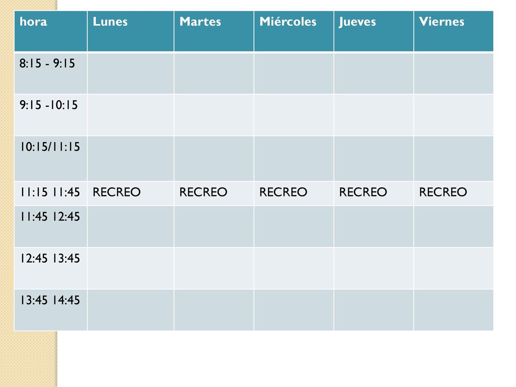 hora Lunes. Martes. Miércoles. Jueves. Viernes. 8:15 - 9:15. 9:15 -10:15. 10:15/11:15. 11:15 11:45.