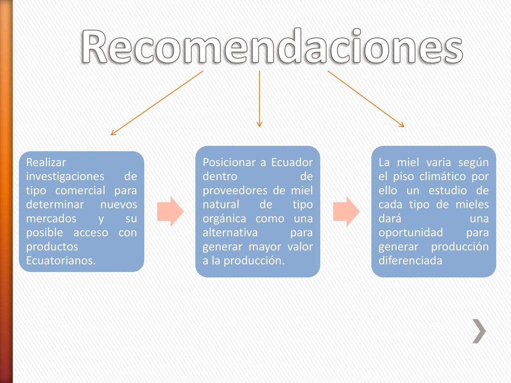 Recomendaciones Realizar investigaciones de tipo comercial para determinar nuevos mercados y su posible acceso con productos Ecuatorianos.