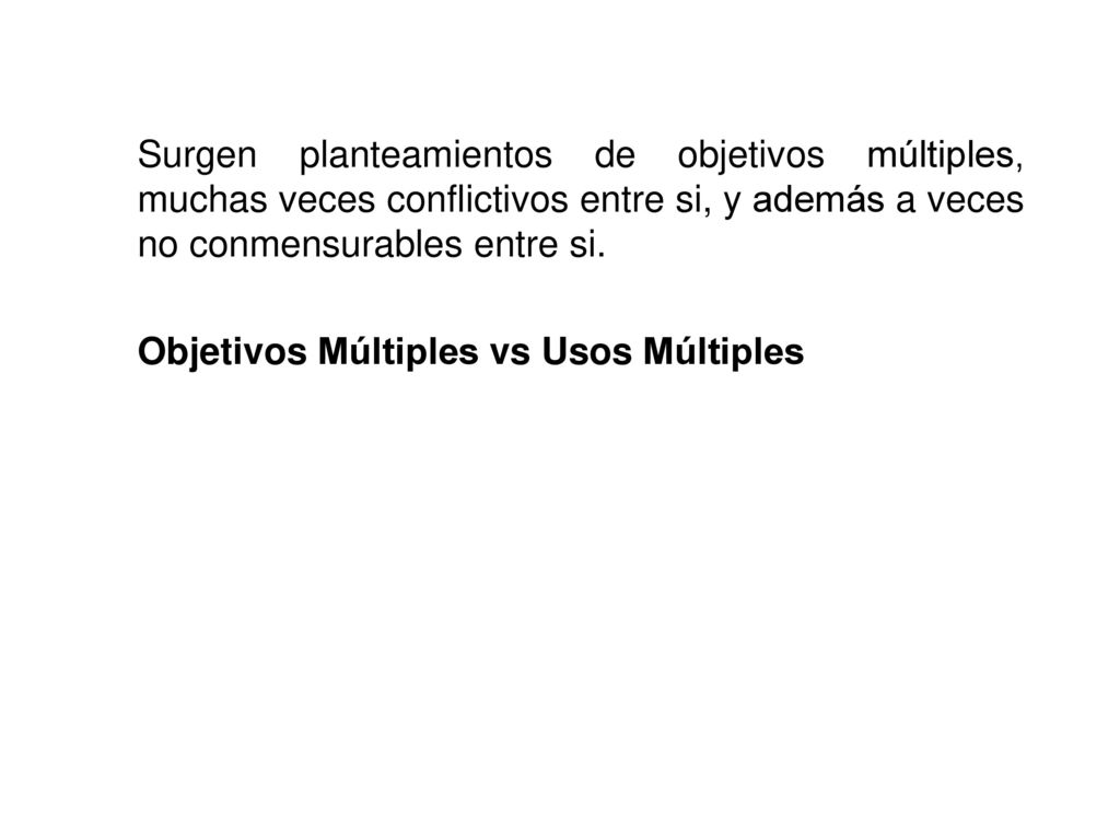Surgen planteamientos de objetivos múltiples, muchas veces conflictivos entre si, y además a veces no conmensurables entre si.