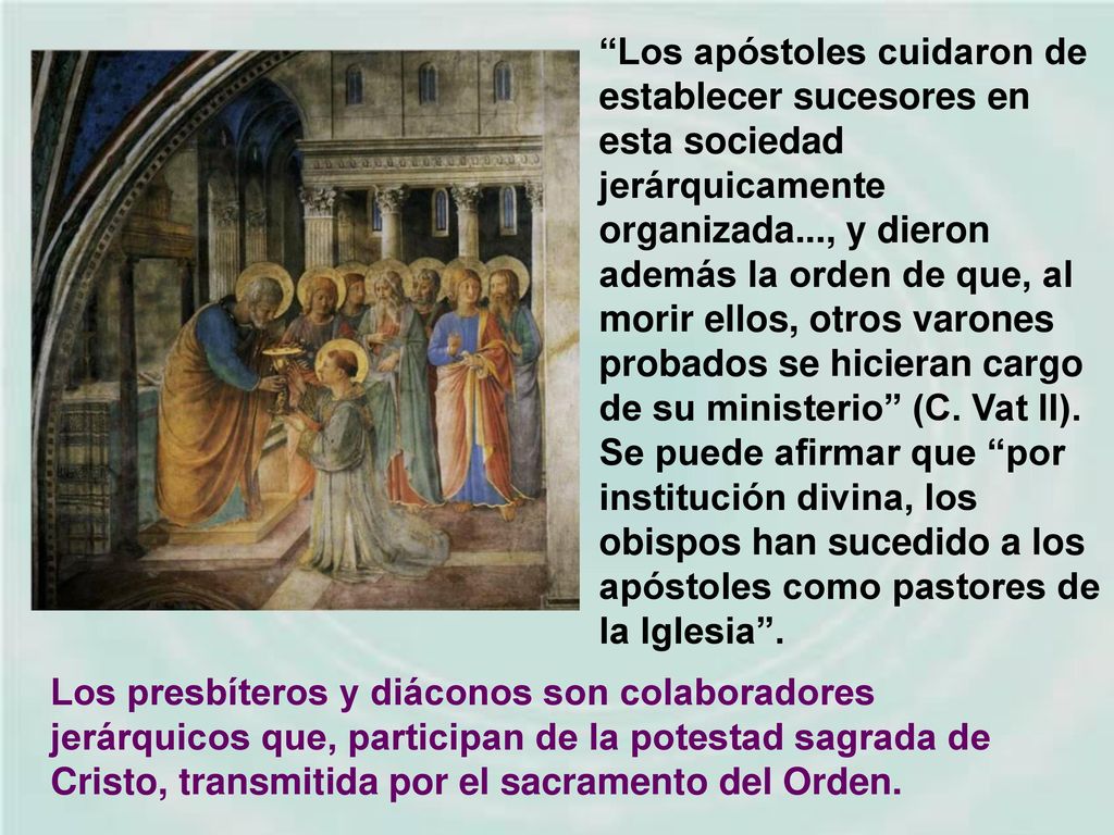 Los apóstoles cuidaron de establecer sucesores en esta sociedad jerárquicamente organizada..., y dieron además la orden de que, al morir ellos, otros varones probados se hicieran cargo de su ministerio (C. Vat II). Se puede afirmar que por institución divina, los obispos han sucedido a los apóstoles como pastores de la Iglesia .