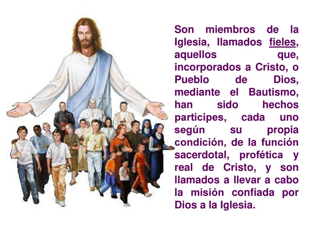 Son miembros de la Iglesia, llamados fieles, aquellos que, incorporados a Cristo, o Pueblo de Dios, mediante el Bautismo, han sido hechos partícipes, cada uno según su propia condición, de la función sacerdotal, profética y real de Cristo, y son llamados a llevar a cabo la misión confiada por Dios a la Iglesia.