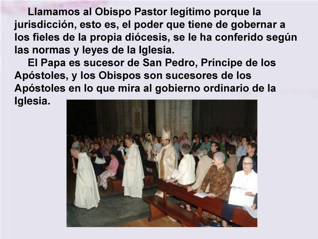 Llamamos al Obispo Pastor legítimo porque la jurisdicción, esto es, el poder que tiene de gobernar a los fieles de la propia diócesis, se le ha conferido según las normas y leyes de la Iglesia.