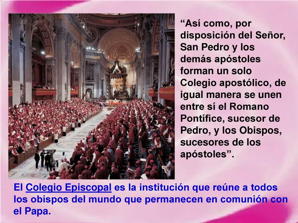 Así como, por disposición del Señor, San Pedro y los demás apóstoles forman un solo Colegio apostólico, de igual manera se unen entre sí el Romano Pontífice, sucesor de Pedro, y los Obispos, sucesores de los apóstoles .