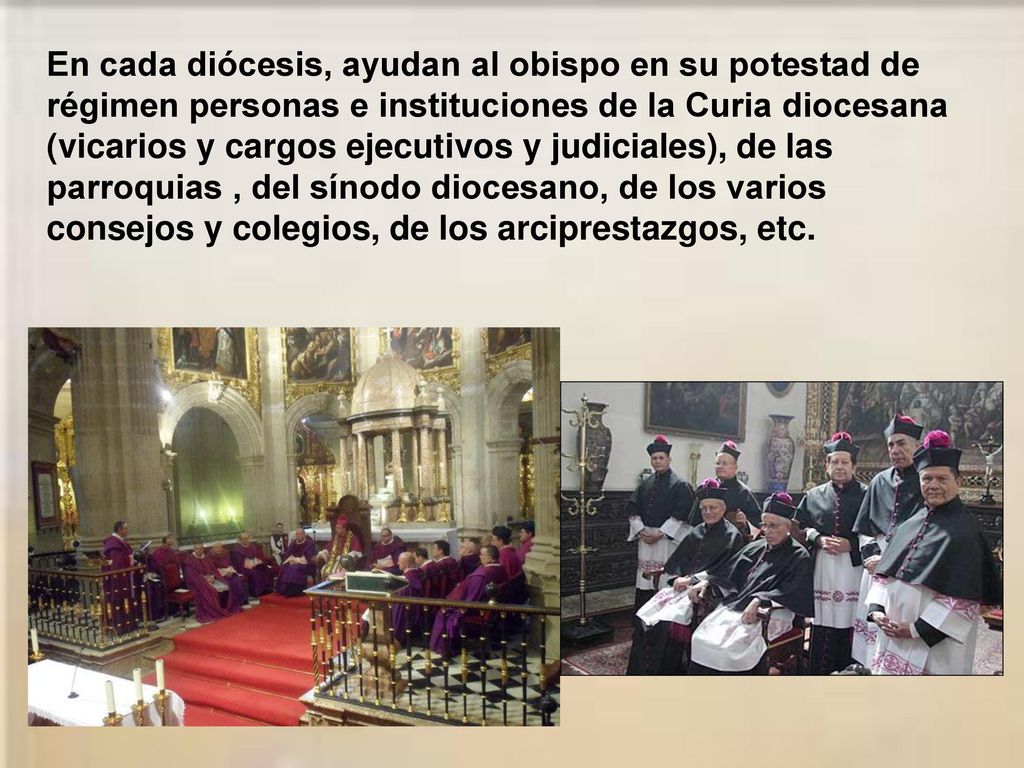 En cada diócesis, ayudan al obispo en su potestad de régimen personas e instituciones de la Curia diocesana (vicarios y cargos ejecutivos y judiciales), de las parroquias , del sínodo diocesano, de los varios consejos y colegios, de los arciprestazgos, etc.
