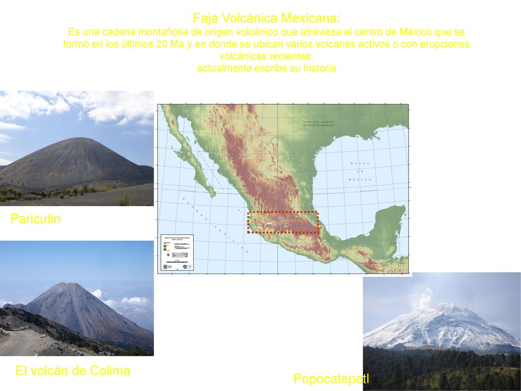 Faja Volcánica Mexicana: Es una cadena montañosa de origen volcánico que atraviesa el centro de México que se formó en los últimos 20 Ma y en donde se ubican varios volcanes activos o con erupciones volcánicas recientes: actualmente escribe su historia