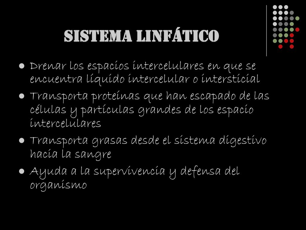 SISTEMA LINFÁTICO Drenar los espacios intercelulares en que se encuentra líquido intercelular o intersticial.