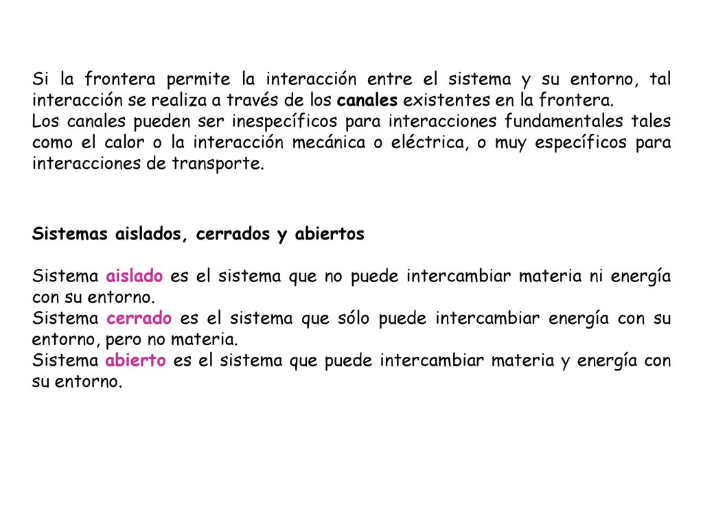 Si la frontera permite la interacción entre el sistema y su entorno, tal interacción se realiza a través de los canales existentes en la frontera.