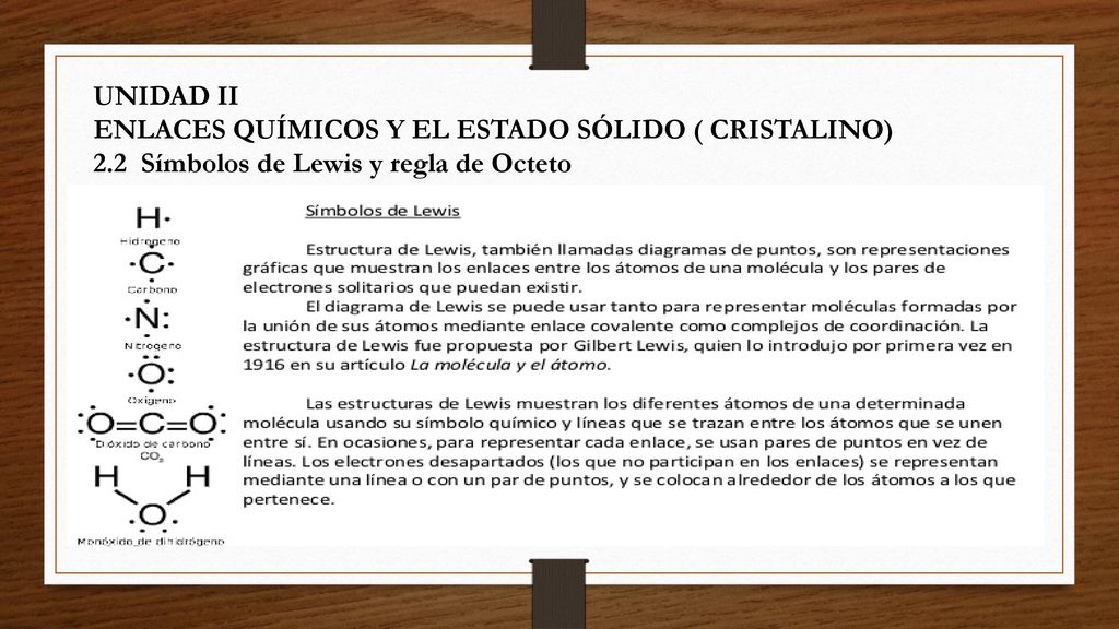 UNIDAD II ENLACES QUÍMICOS Y EL ESTADO SÓLIDO ( CRISTALINO) 2.2 Símbolos de Lewis y regla de Octeto.