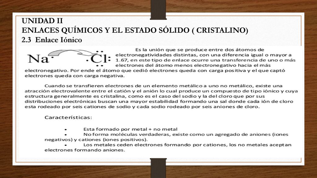 UNIDAD II ENLACES QUÍMICOS Y EL ESTADO SÓLIDO ( CRISTALINO) 2.3 Enlace Iónico