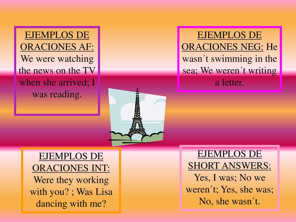 EJEMPLOS DE ORACIONES AF: We were watching the news on the TV when she arrived; I was reading.