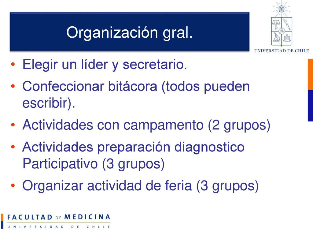 Organización gral. Elegir un líder y secretario.