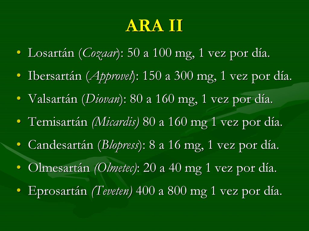 ARA II Losartán (Cozaar): 50 a 100 mg, 1 vez por día.