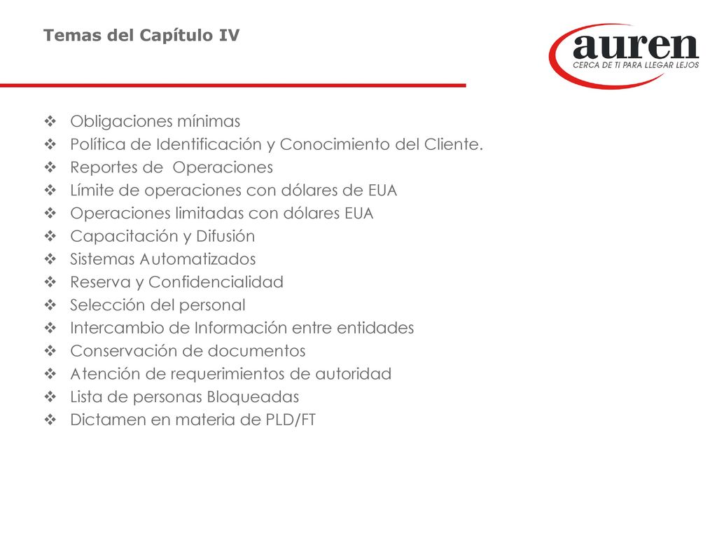 Temas del Capítulo IV Obligaciones mínimas. Política de Identificación y Conocimiento del Cliente.