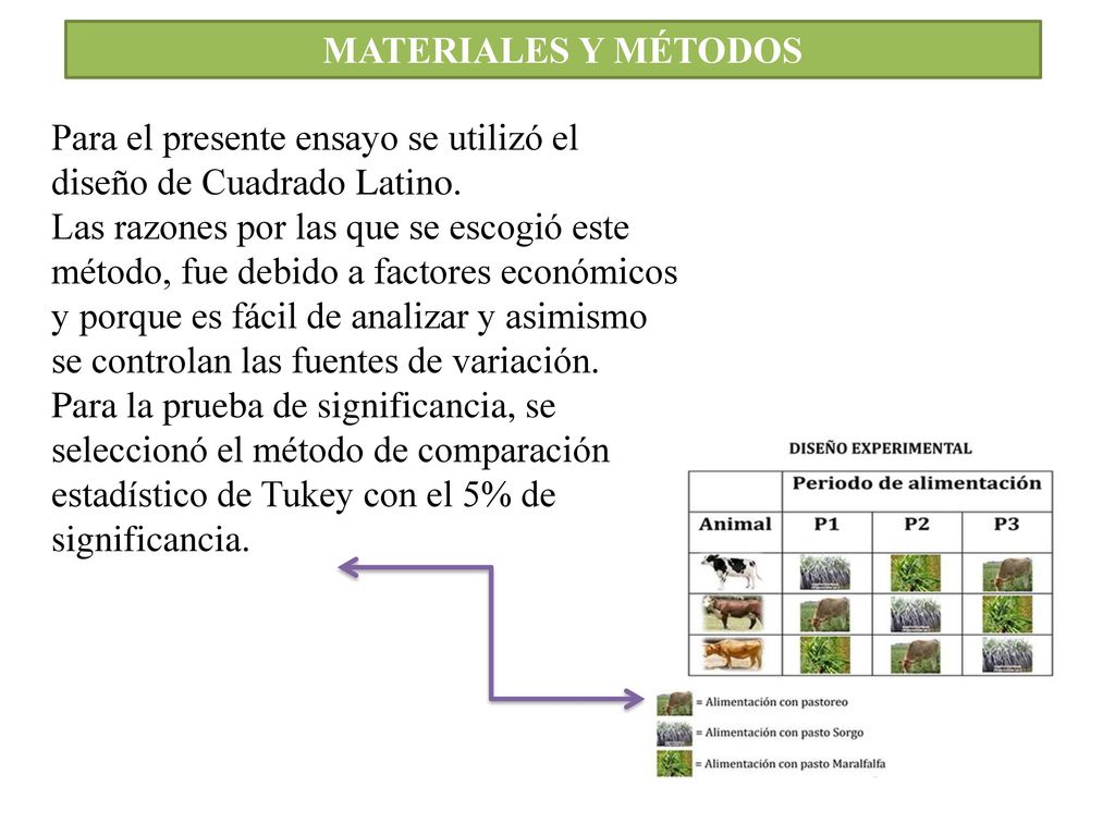 MATERIALES Y MÉTODOS Para el presente ensayo se utilizó el diseño de Cuadrado Latino.