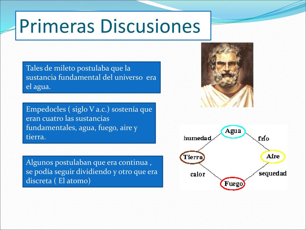 Primeras Discusiones Tales de mileto postulaba que la sustancia fundamental del universo era el agua.