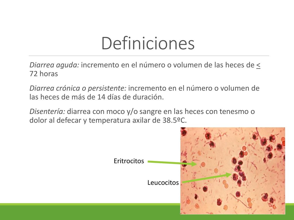 Definiciones Diarrea aguda: incremento en el número o volumen de las heces de < 72 horas.