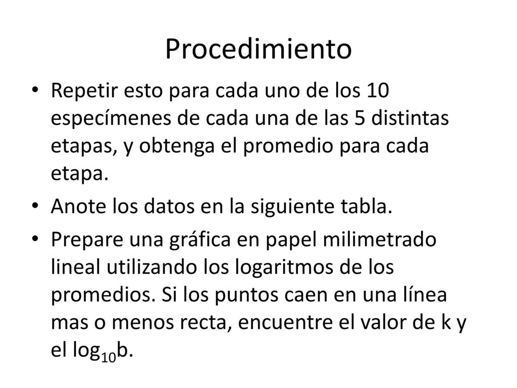 Procedimiento Repetir esto para cada uno de los 10 especímenes de cada una de las 5 distintas etapas, y obtenga el promedio para cada etapa.