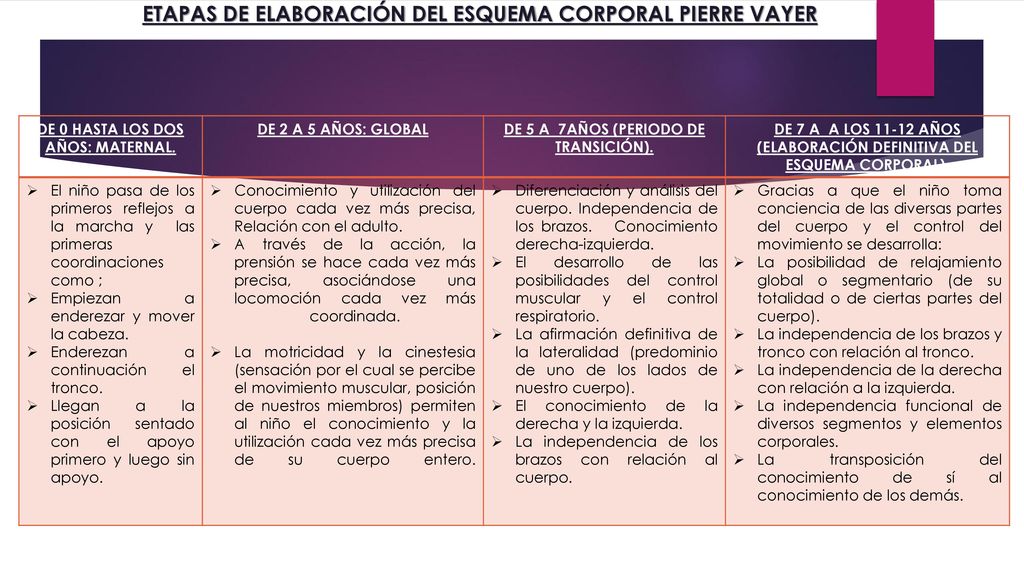 ETAPAS DE ELABORACIÓN DEL ESQUEMA CORPORAL PIERRE VAYER