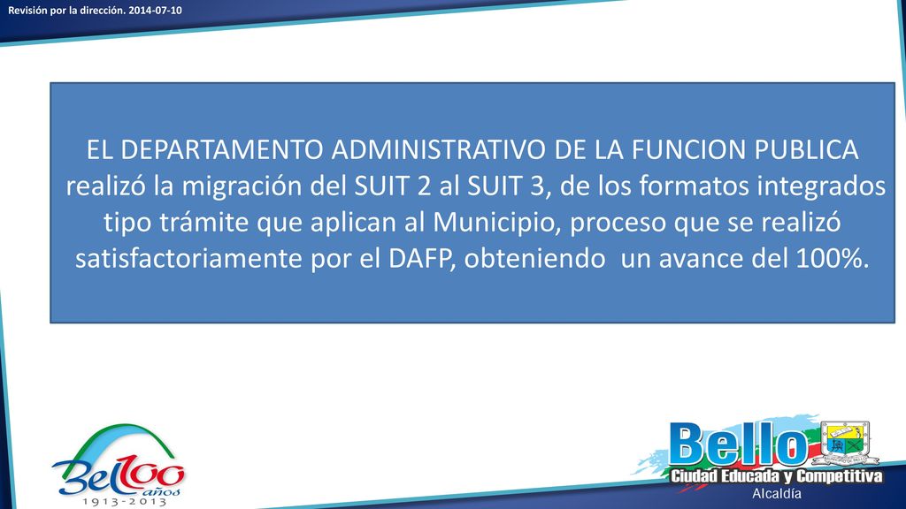 EL DEPARTAMENTO ADMINISTRATIVO DE LA FUNCION PUBLICA realizó la migración del SUIT 2 al SUIT 3, de los formatos integrados tipo trámite que aplican al Municipio, proceso que se realizó satisfactoriamente por el DAFP, obteniendo un avance del 100%.